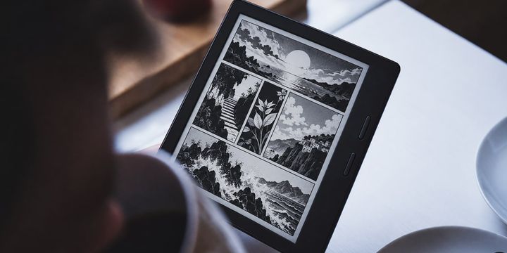 Un lector de tinta electrónica mostrando una página de cómic en blanco y negro