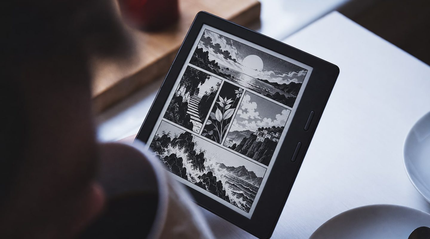 Un lector de tinta electrónica mostrando una página de cómic en blanco y negro