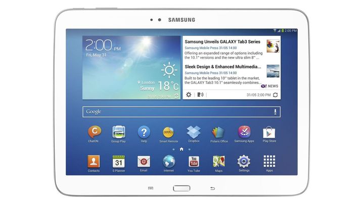 Una Samsung Galaxy Tab 3 mostrando su pantalla de inicio de fábrica, con ChatON, Dropbox, Polaris Office y Samsung Apps