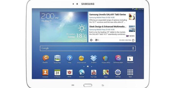 Una Samsung Galaxy Tab 3 mostrando su pantalla de inicio de fábrica, con ChatON, Dropbox, Polaris Office y Samsung Apps