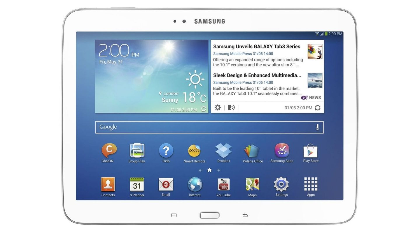 Una Samsung Galaxy Tab 3 mostrando su pantalla de inicio de fábrica, con ChatON, Dropbox, Polaris Office y Samsung Apps