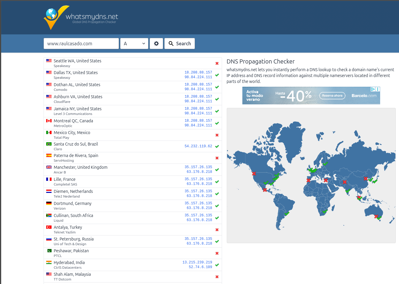 Verificación de la propagación DNS en whatsmydns.net